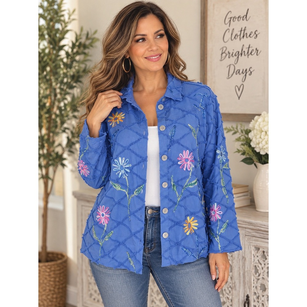 Tantrums Collection Blue Cotton Embroidered Floral Sequin Jacket XXL Boho Artsy